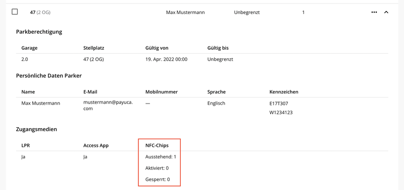 Details ParkerIn, NFC Status NEU